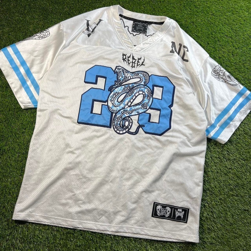 Rebel Vengeance PacSun 23 Snake Football Jersey Mens 2XL White Blue Mesh Y2K Alt
